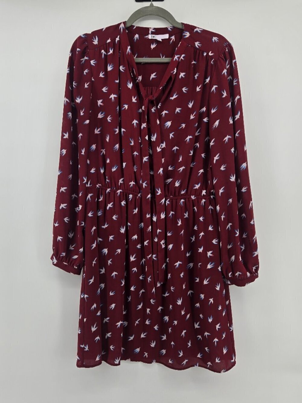 DR2 Boho Bird Print Lightweight Long Sleeve Dress - L Burgundy